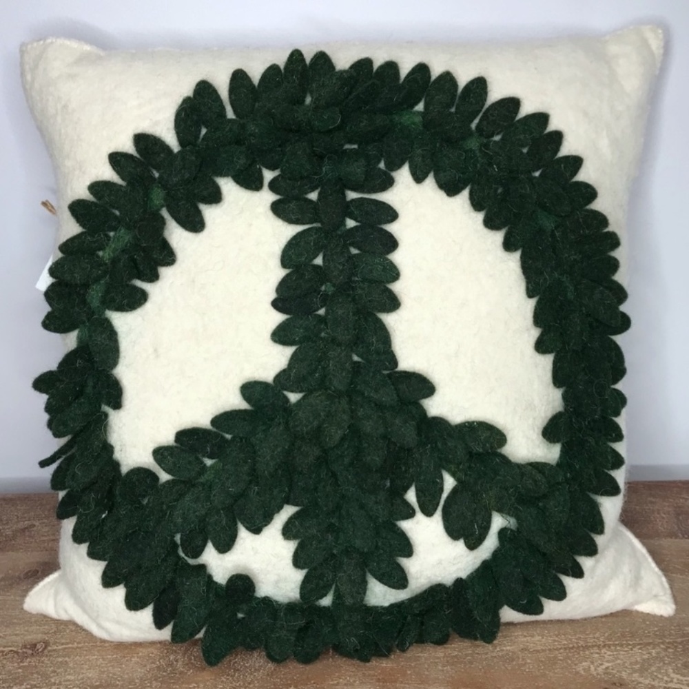 NWT ARCADIA HOME Hand Felted Wool Pillow Cover –Green Peace Sign on Cream